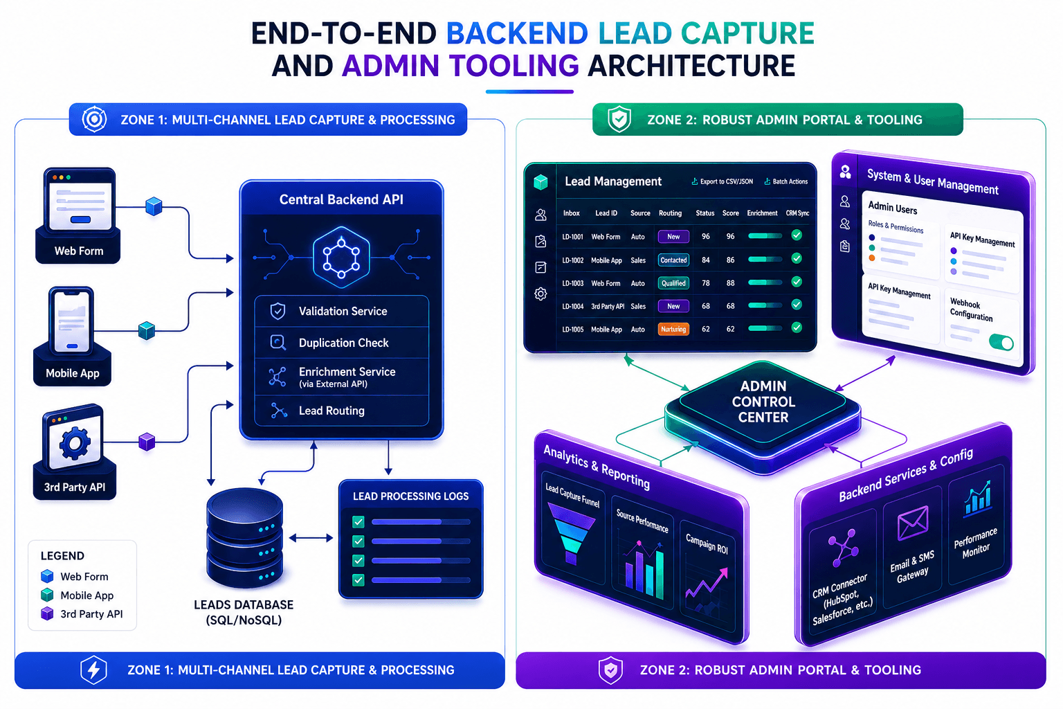 Backend lead capture and admin tooling