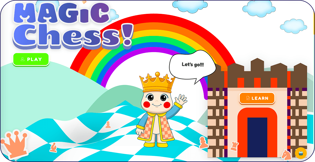 MagicChess kids chess platform illustration with rainbow, king character, and castle